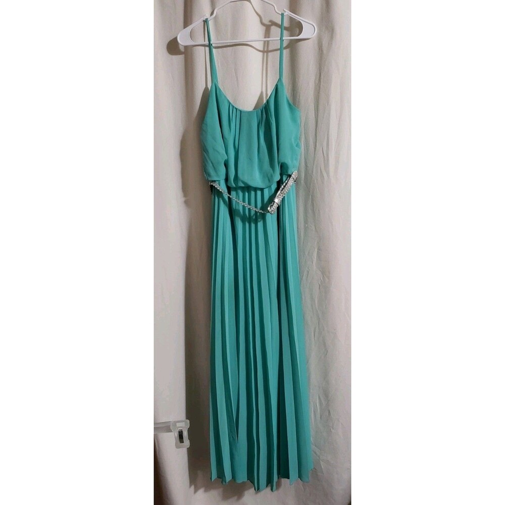 Bisou Bisou Michele Bohbot Aqua Pleated Chiffon Maxi Dress Silver Belt Size 8